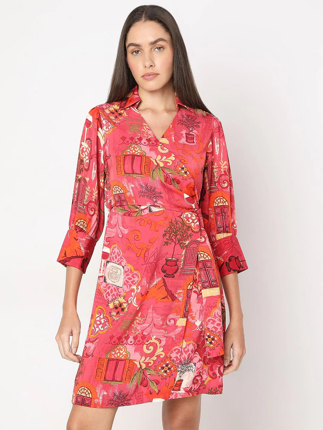 Red Wrap Printed Dress - Image 2
