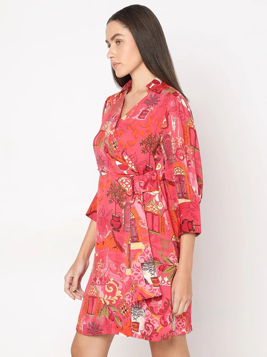 Red Wrap Printed Dress - Image 3