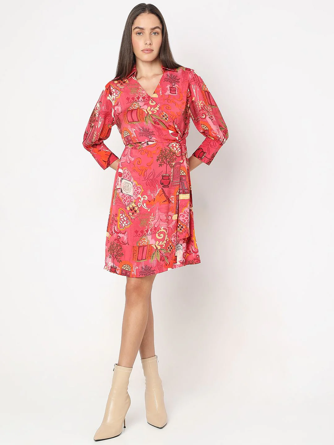 Red Wrap Printed Dress - Image 5