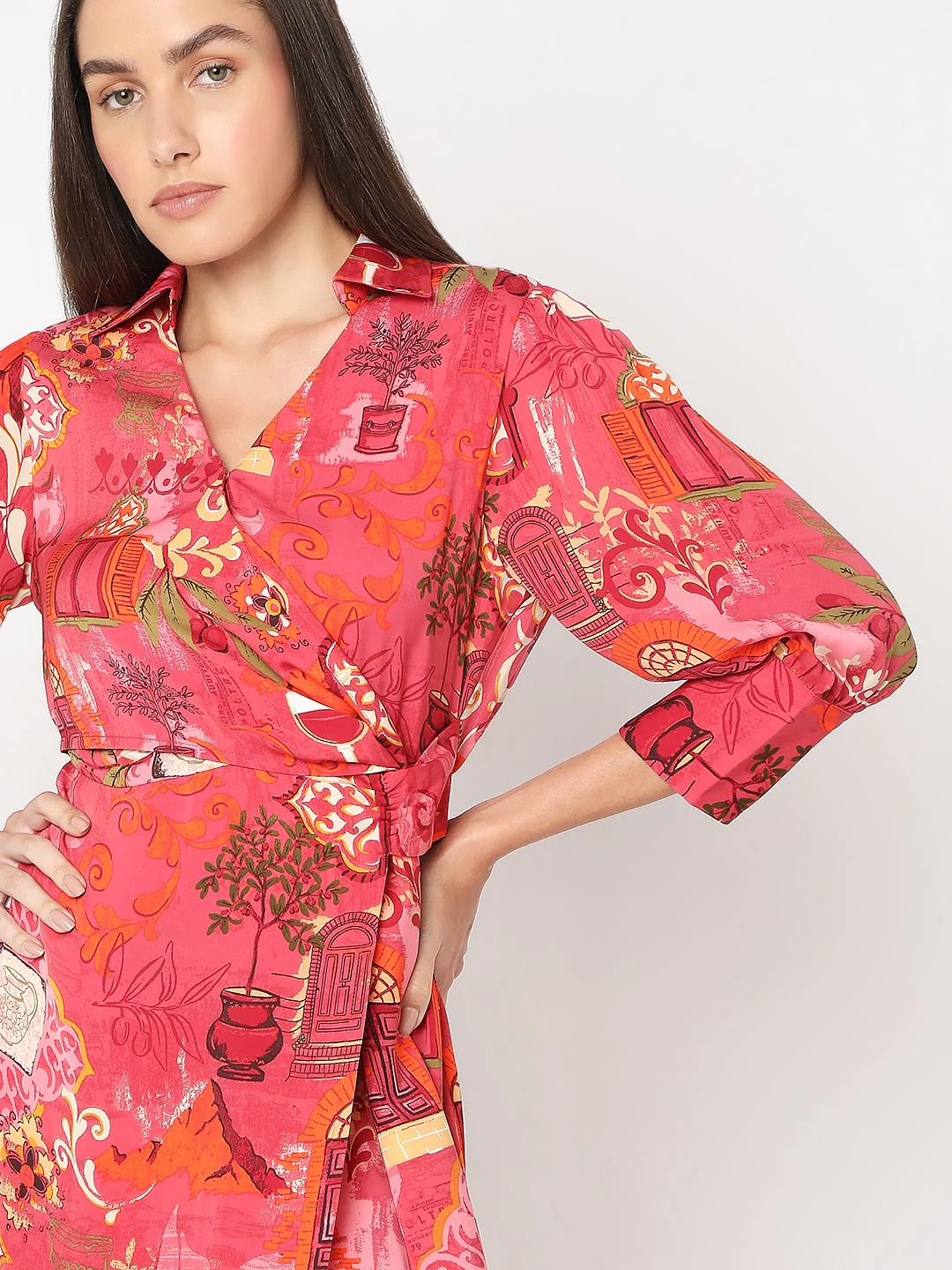 Red Wrap Printed Dress - Image 6