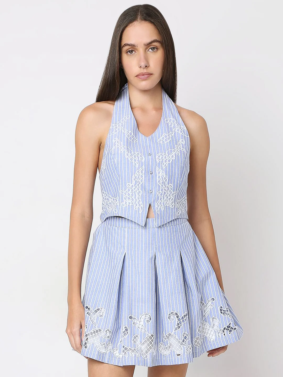 Blue Stripes Embroidered Mini Dress - Image 2