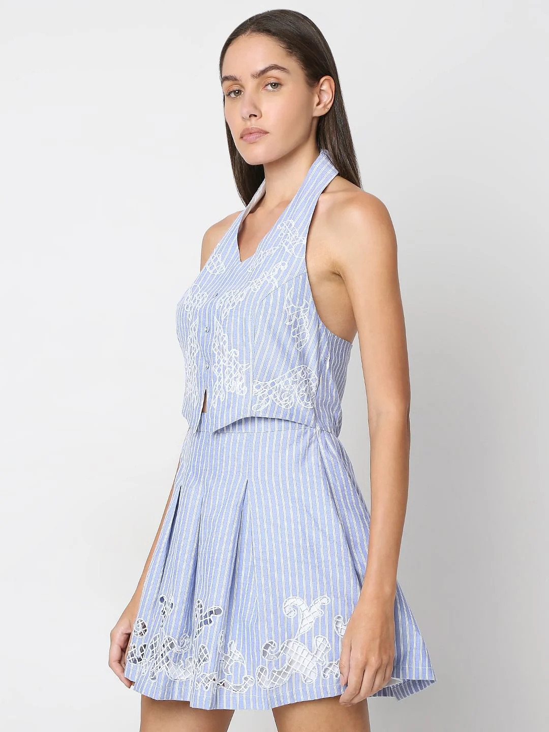 Blue Stripes Embroidered Mini Dress - Image 3