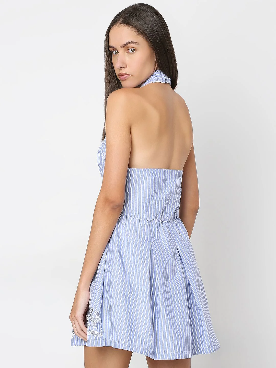 Blue Stripes Embroidered Mini Dress - Image 4