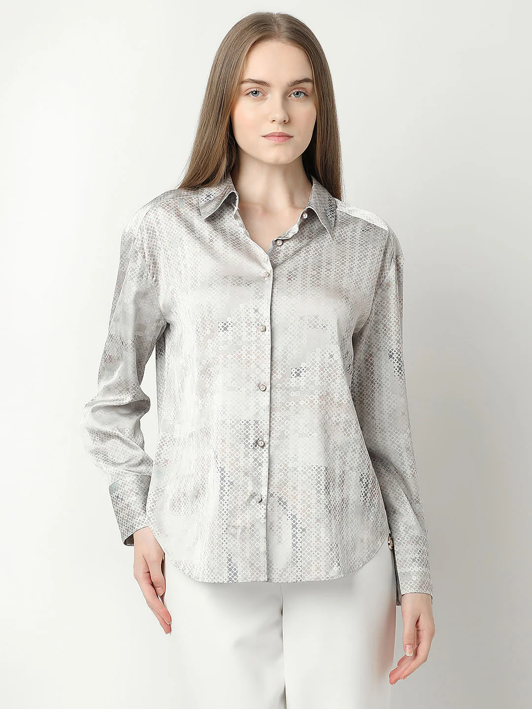 Light Grey Printed Satin Shirt - Image 2