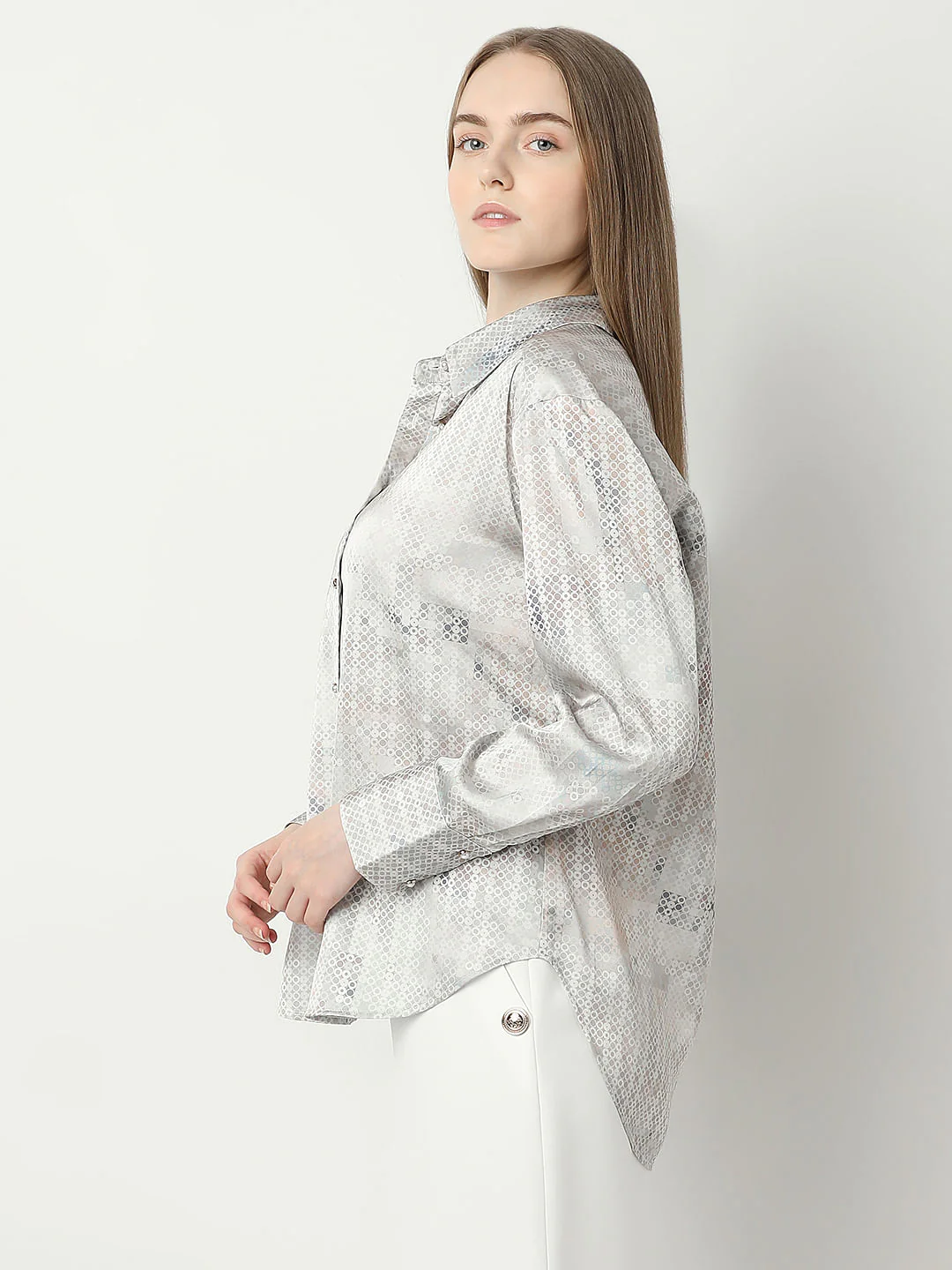 Light Grey Printed Satin Shirt - Image 3
