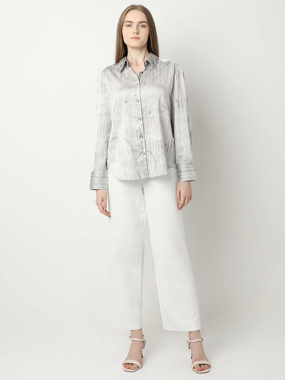 Light Grey Printed Satin Shirt - Image 5