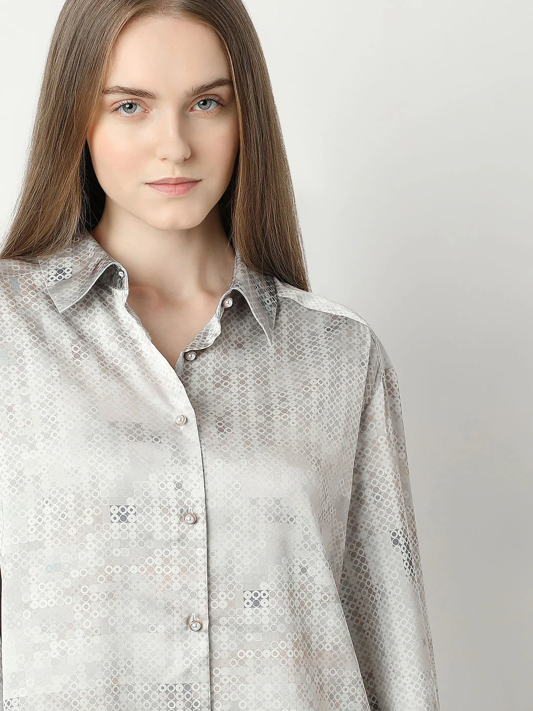 Light Grey Printed Satin Shirt - Image 6