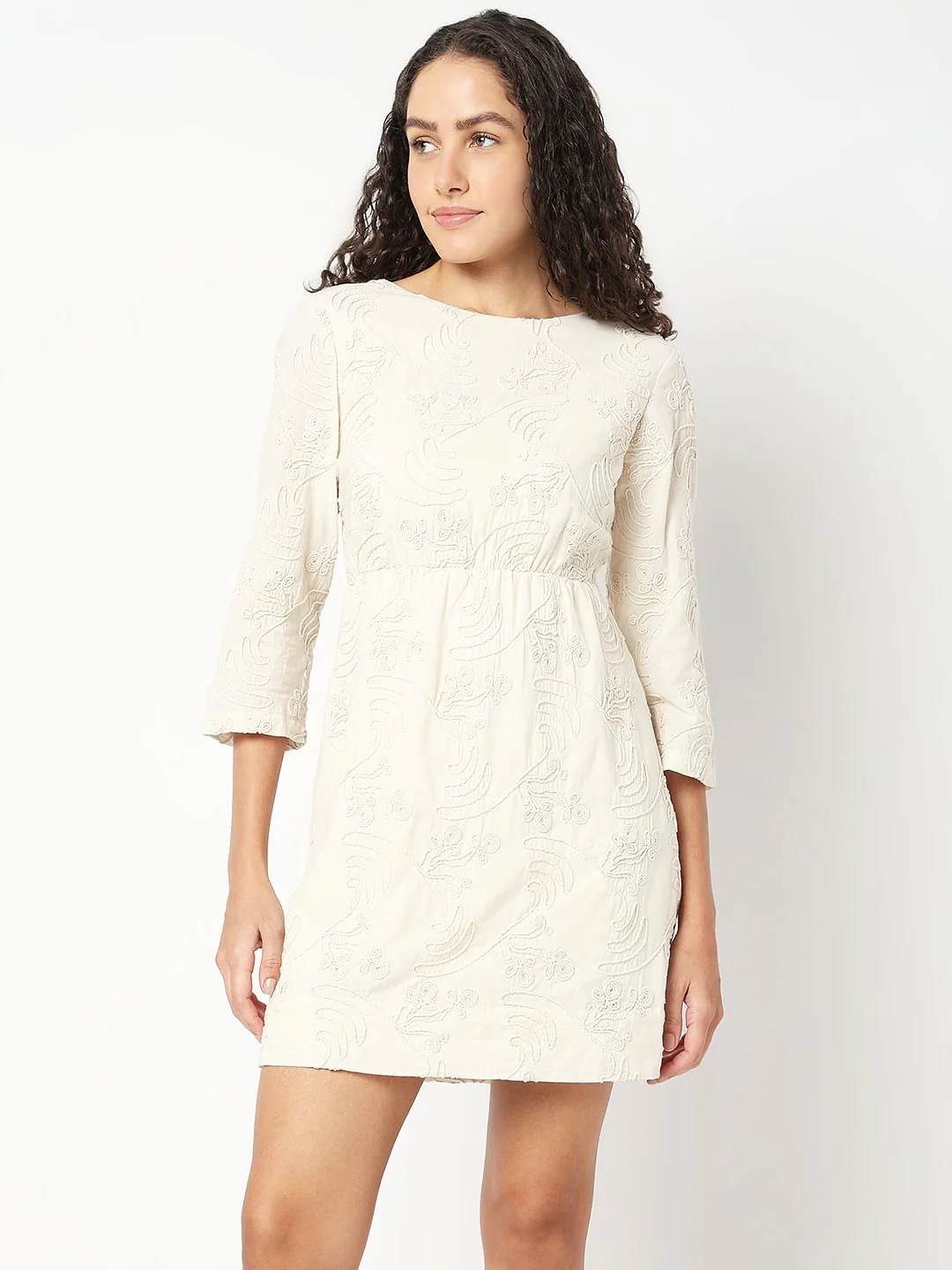 Cream Textured Mini Dress - Image 2