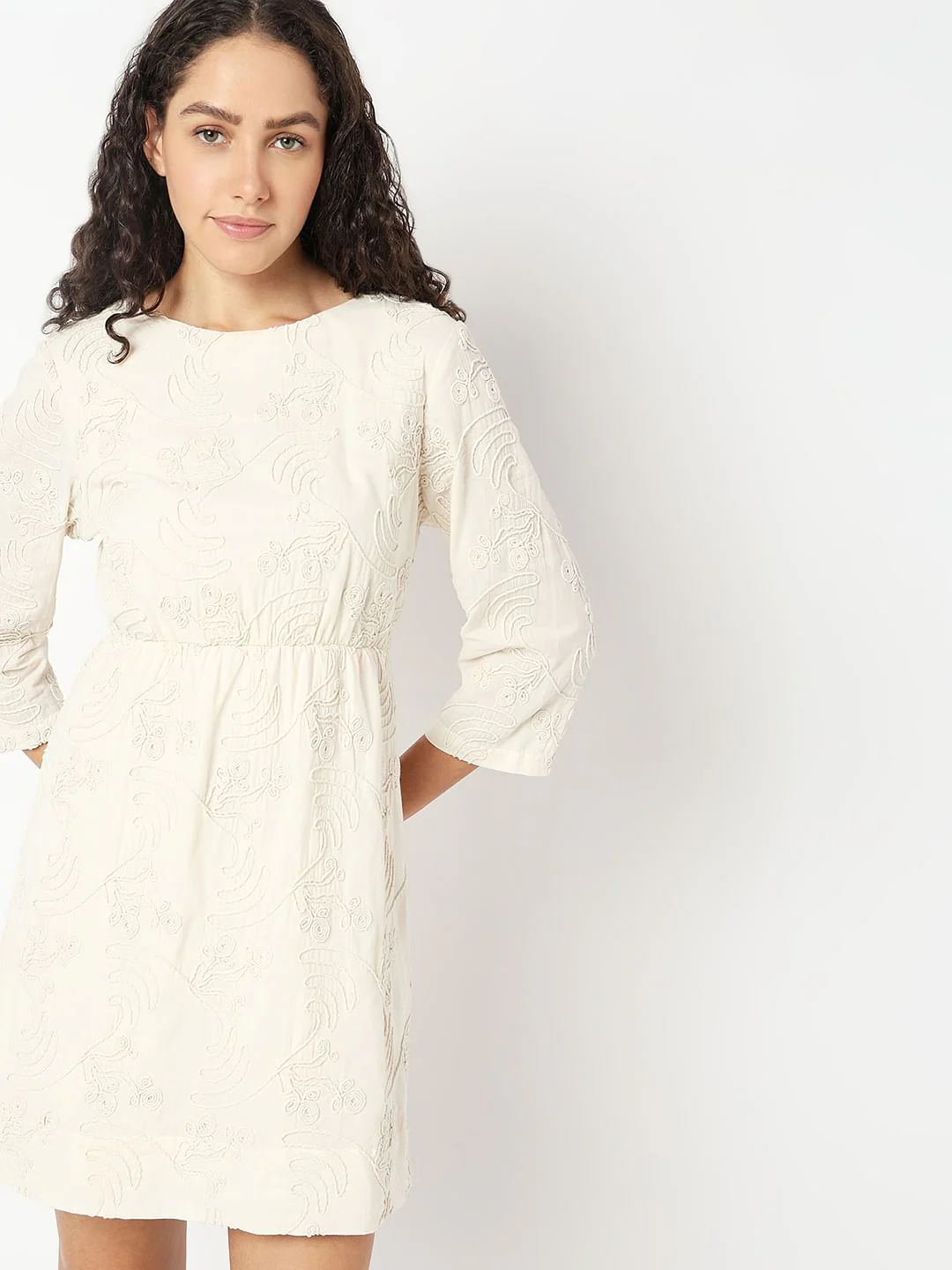 Cream Textured Mini Dress - Image 6