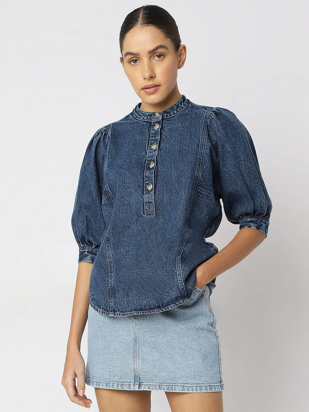 Blue Puff Sleeves Denim Top - Image 2