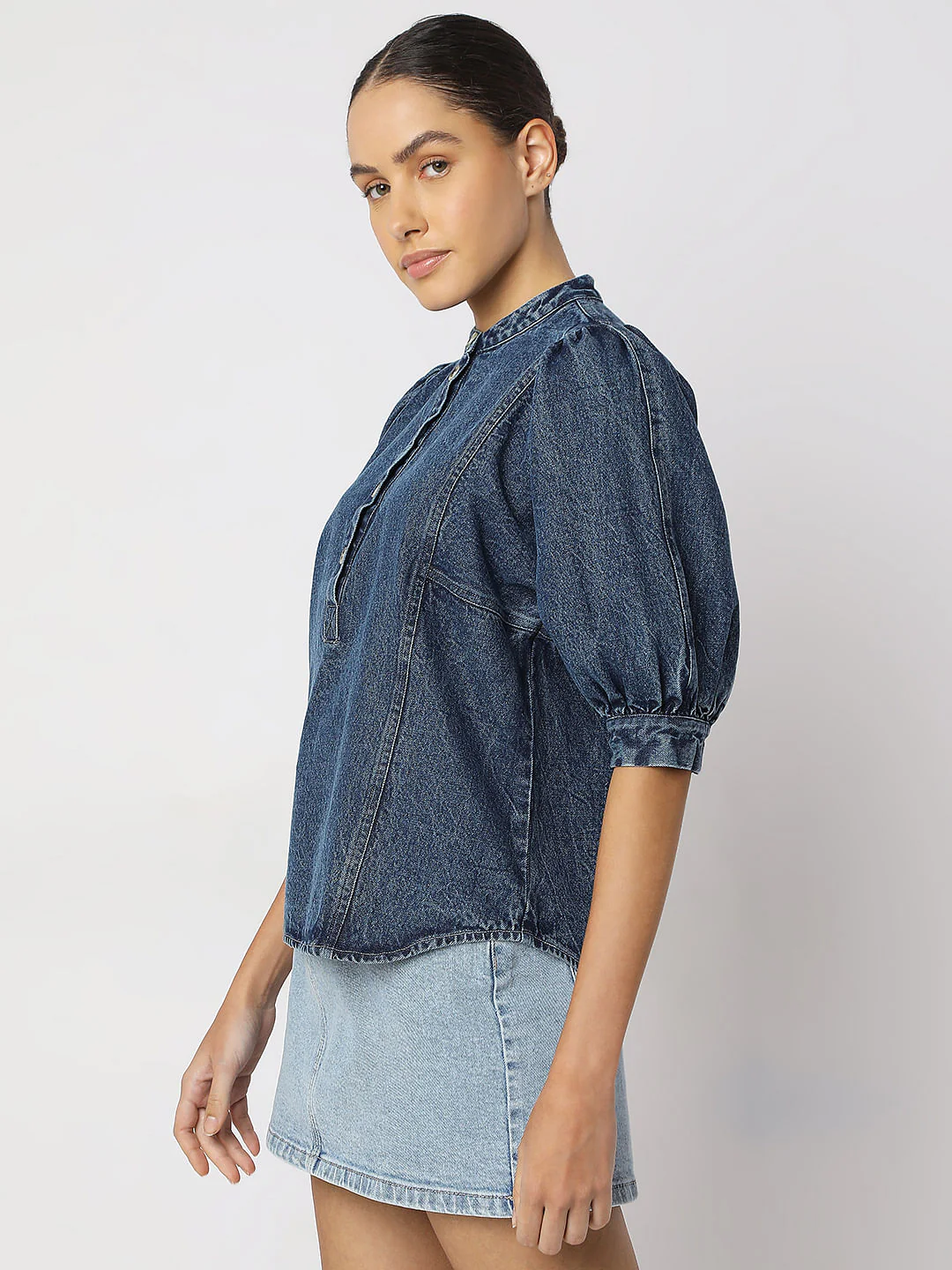 Blue Puff Sleeves Denim Top - Image 3