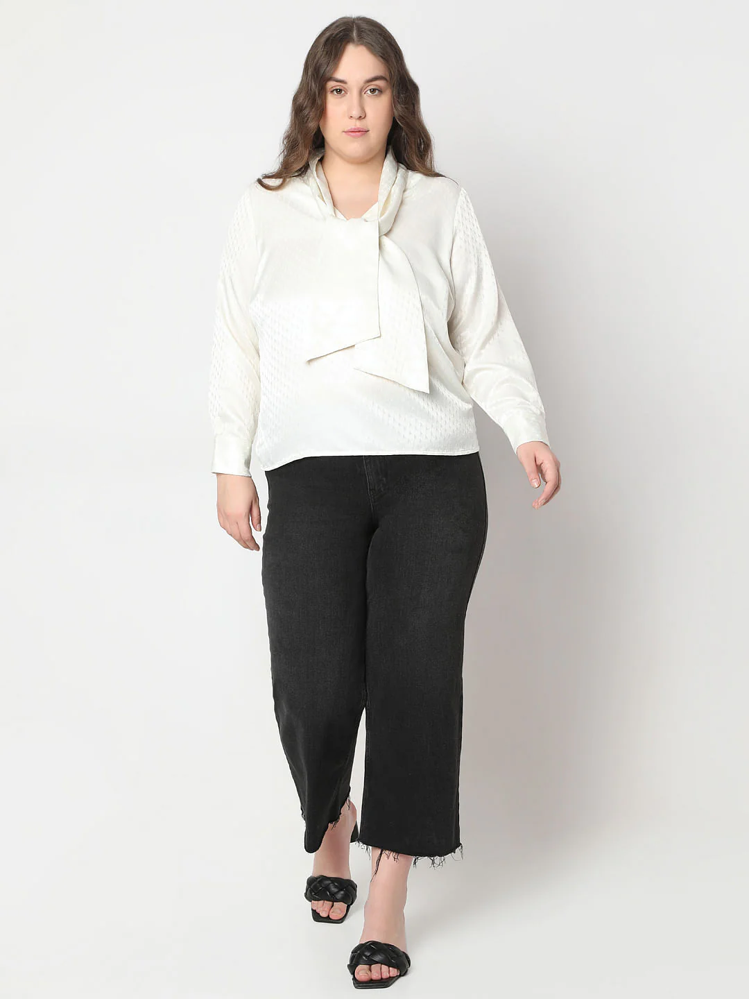 Curve Ecru Satin Pussy Bow Top - Image 5