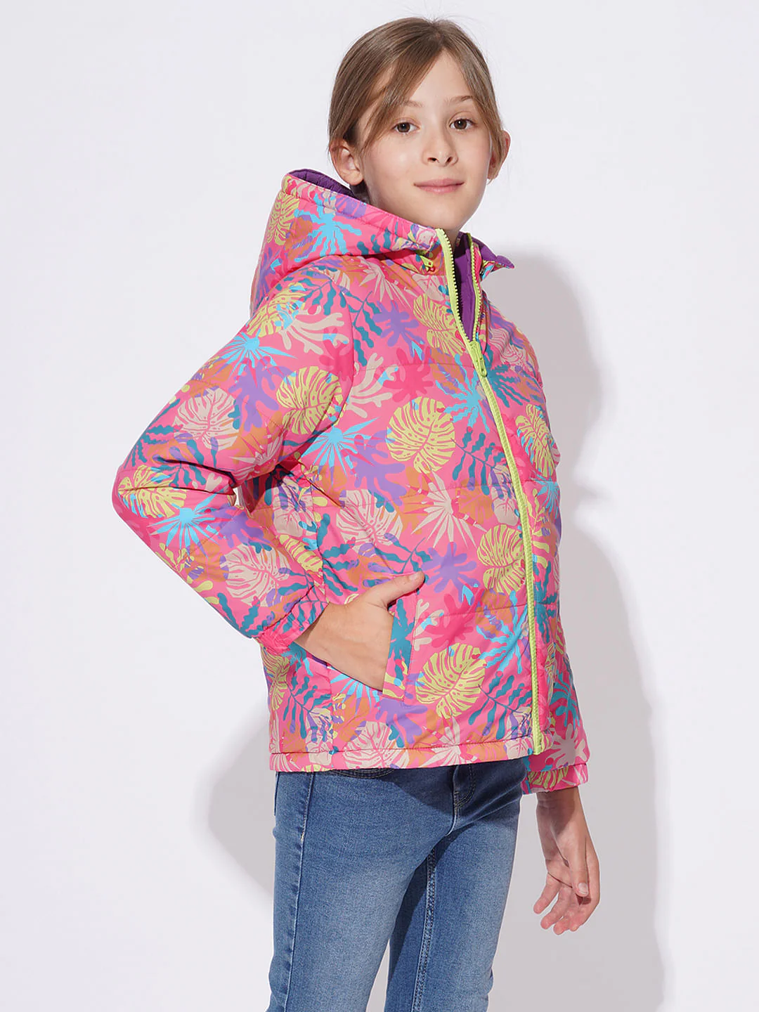 Girls Pink Reversible Puffer Jacket - Image 2