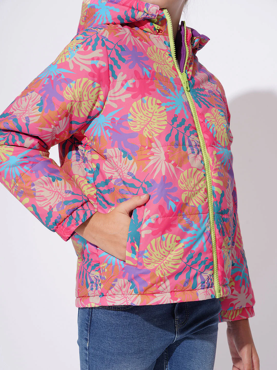 Girls Pink Reversible Puffer Jacket - Image 4