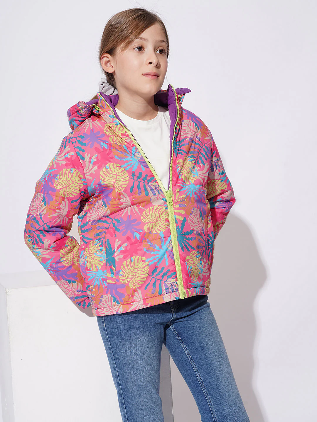 Girls Pink Reversible Puffer Jacket - Image 5