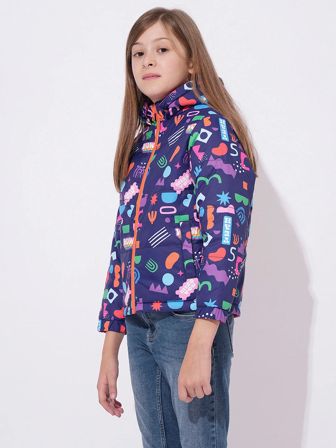 Girls Dark Blue Printed Puffer Jacket - Image 2