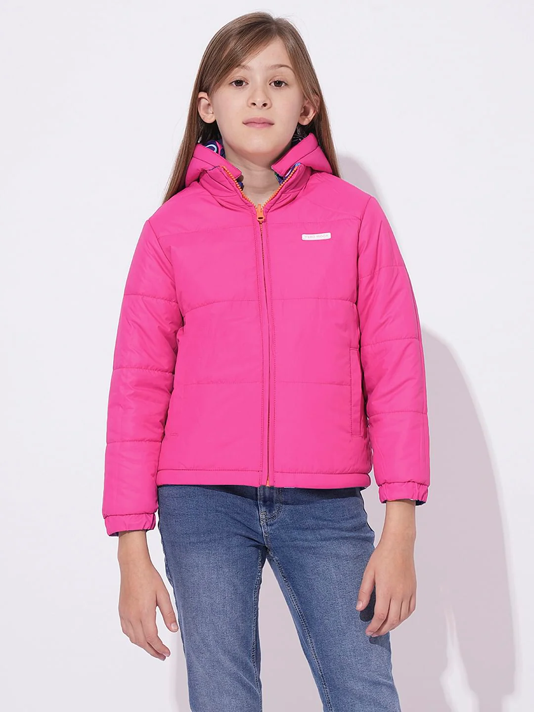 Girls Dark Blue Printed Puffer Jacket - Image 3
