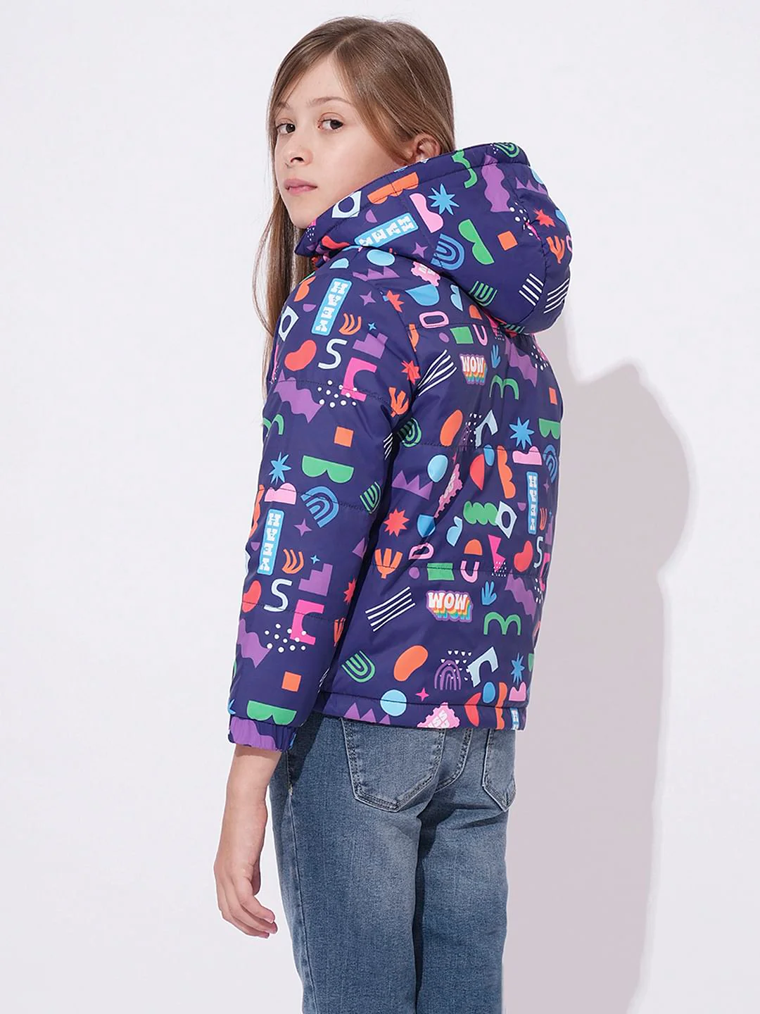 Girls Dark Blue Printed Puffer Jacket - Image 4
