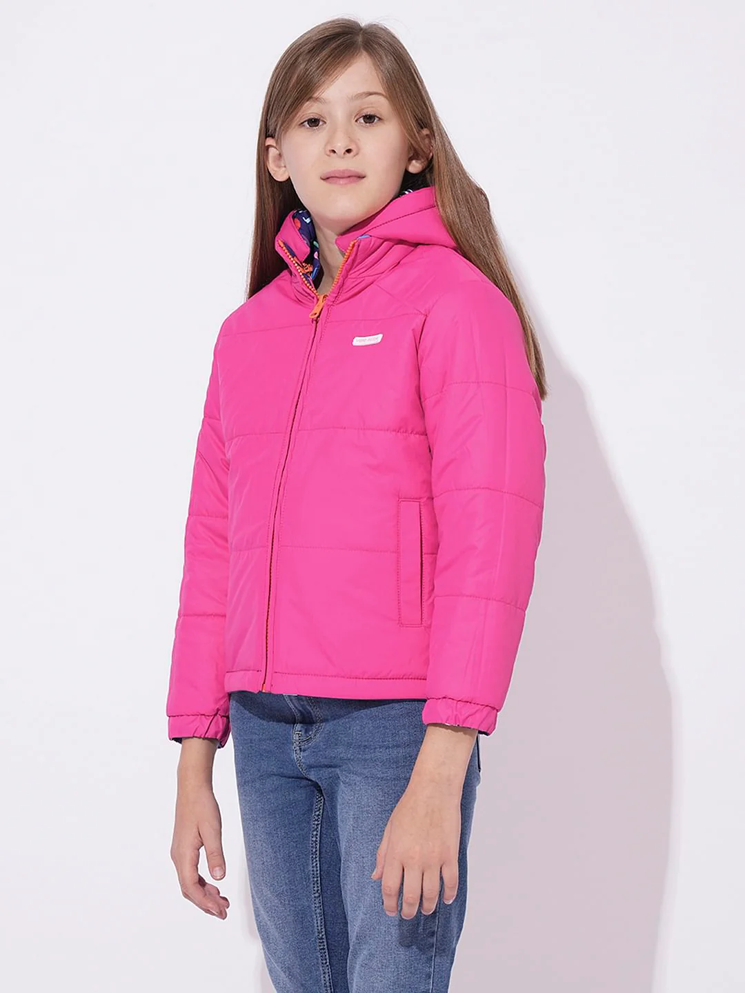 Girls Dark Blue Printed Puffer Jacket - Image 5