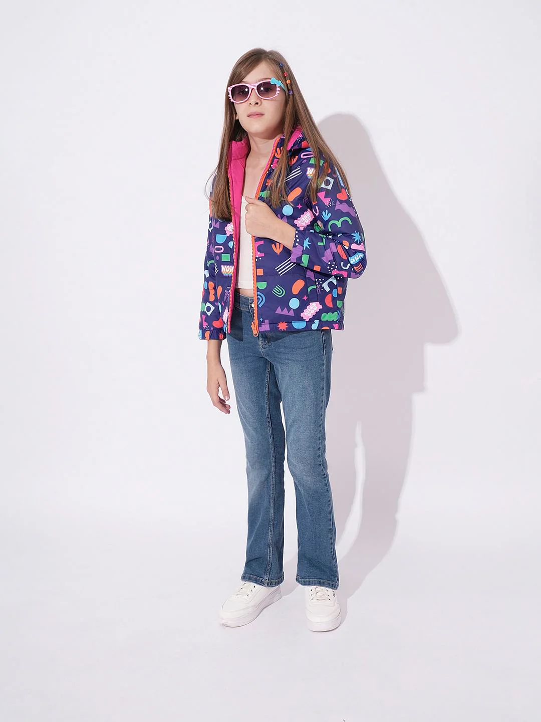Girls Dark Blue Printed Puffer Jacket - Image 6