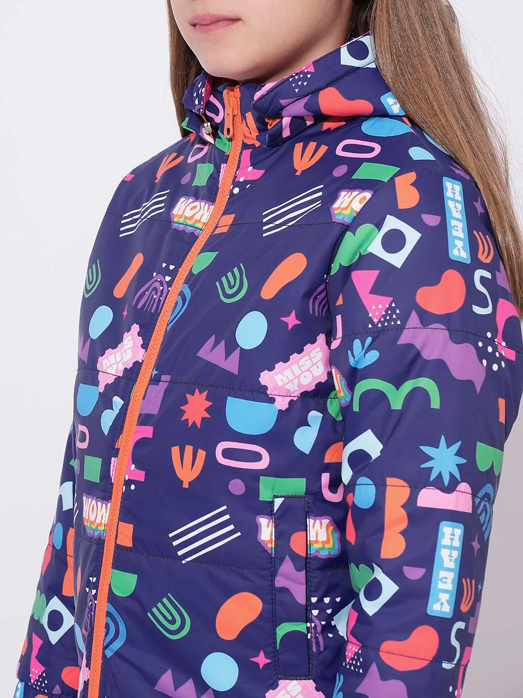 Girls Dark Blue Printed Puffer Jacket - Image 7