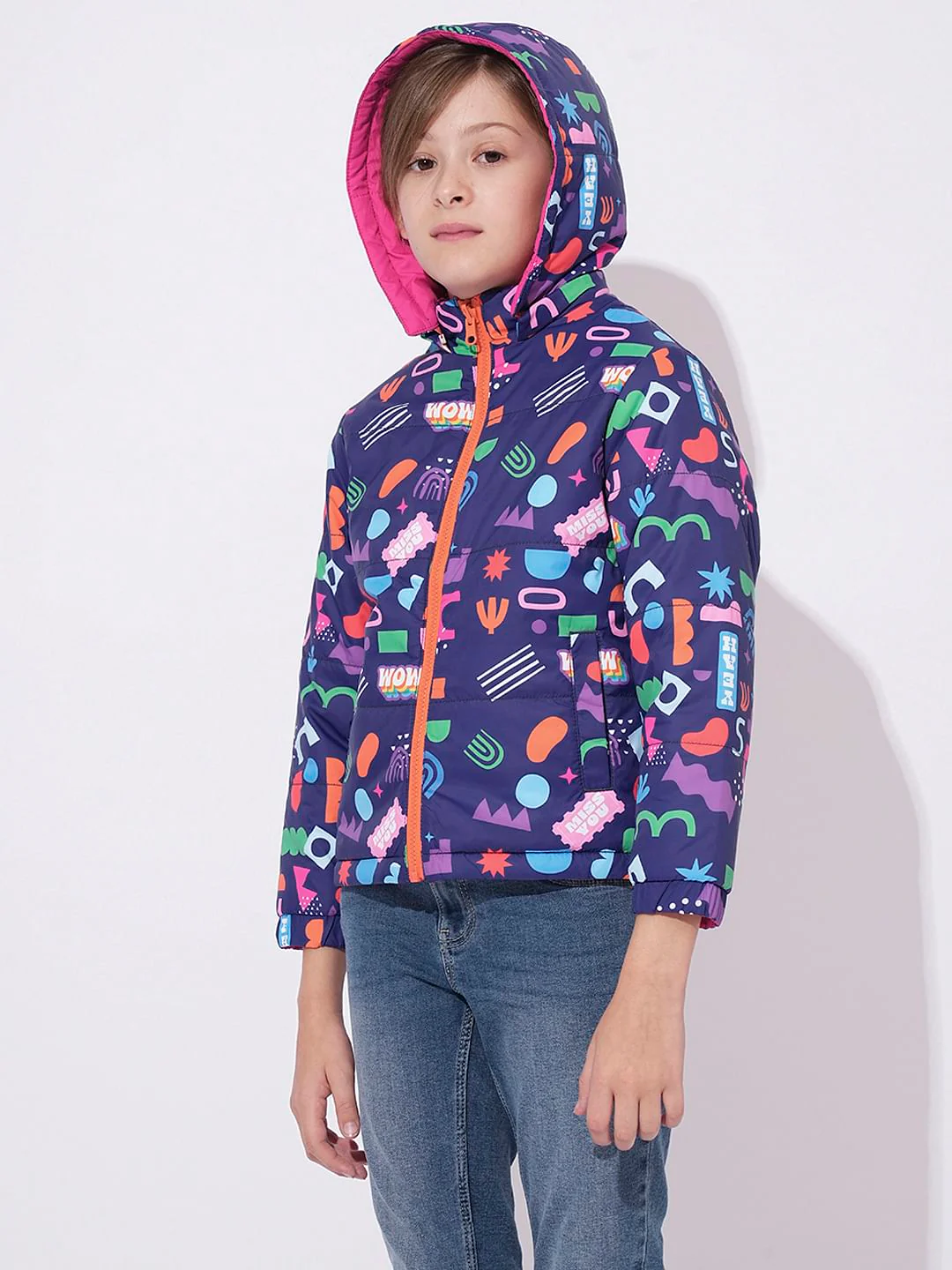 Girls Dark Blue Printed Puffer Jacket - Image 8