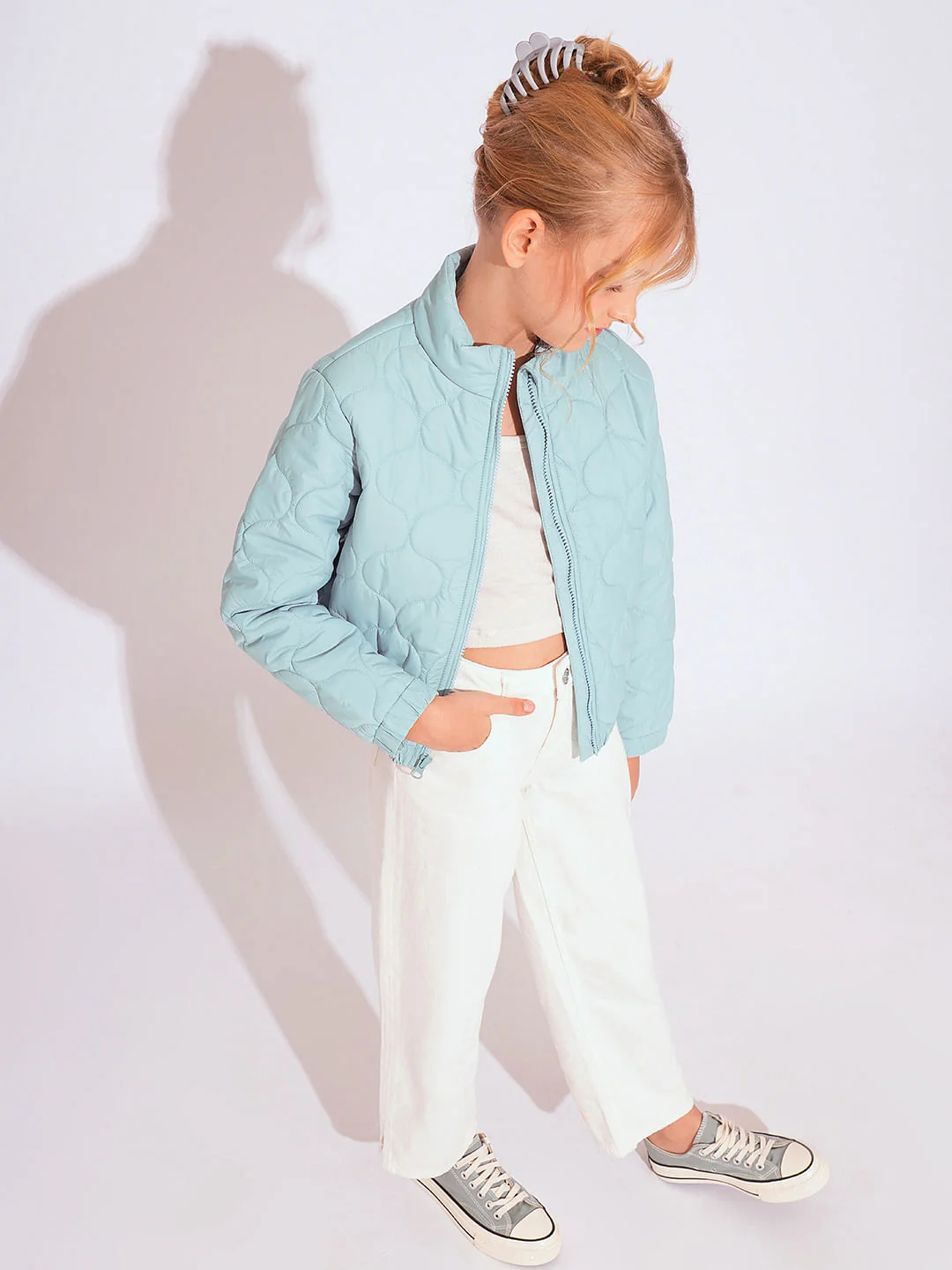 Girls Turquoise Quilted Puffer Jacket - Image 5