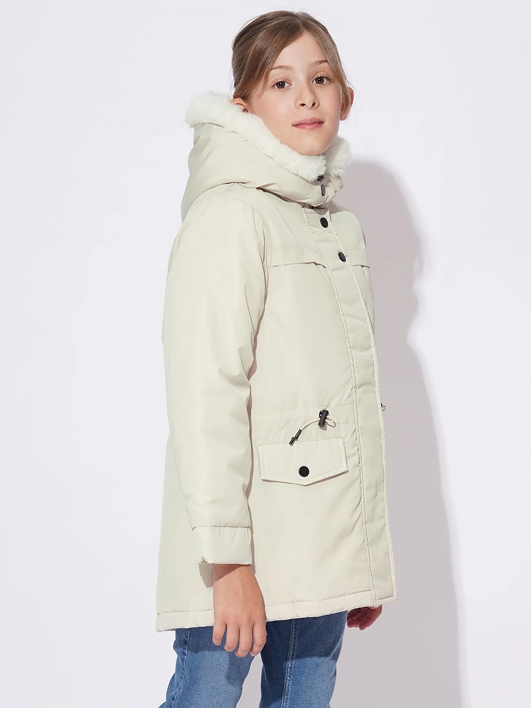 Girls White Fur Hooded Parka Jacket - Image 2