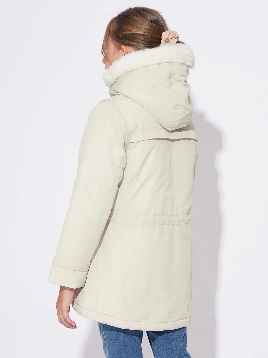 Girls White Fur Hooded Parka Jacket - Image 3
