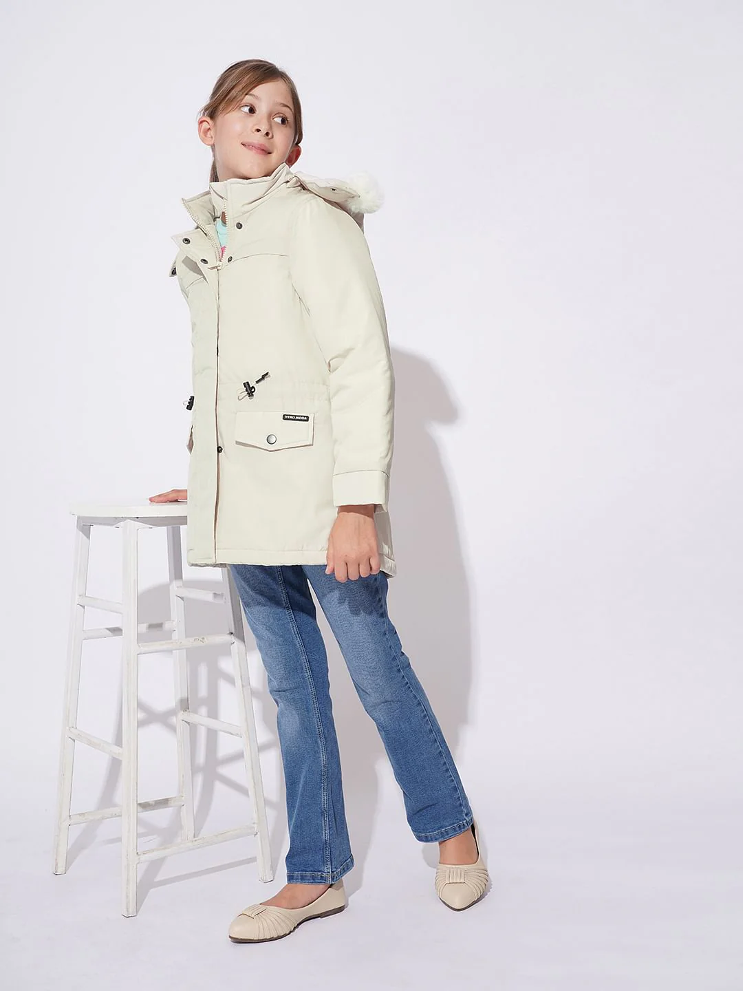 Girls White Fur Hooded Parka Jacket - Image 5
