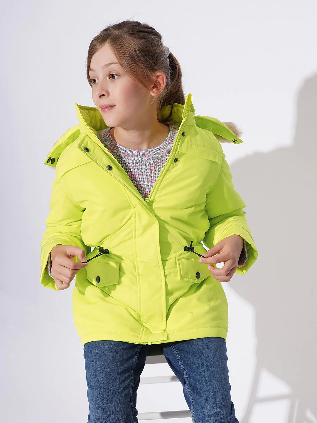 Girls Yellow Fur Hooded Parka Jacket