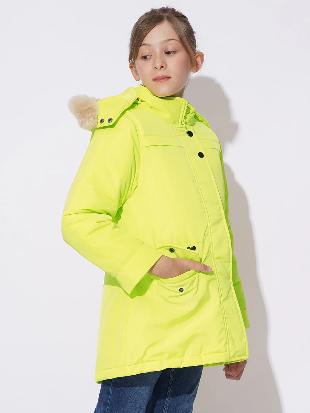 Girls Yellow Fur Hooded Parka Jacket - Image 2