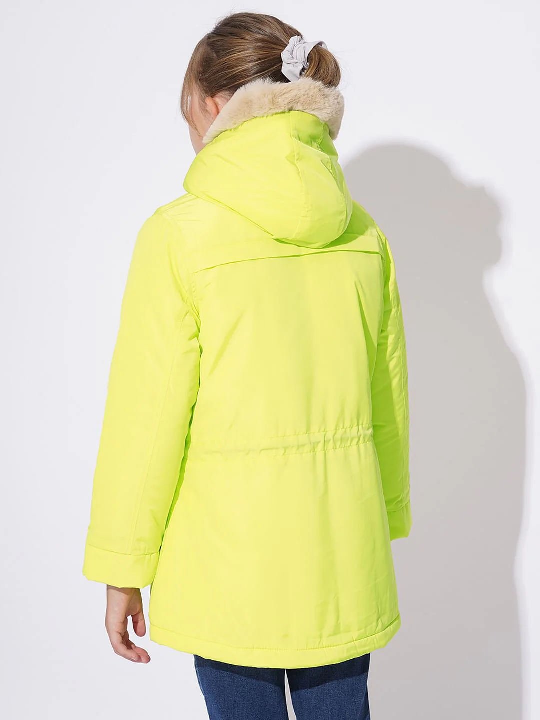 Girls Yellow Fur Hooded Parka Jacket - Image 3