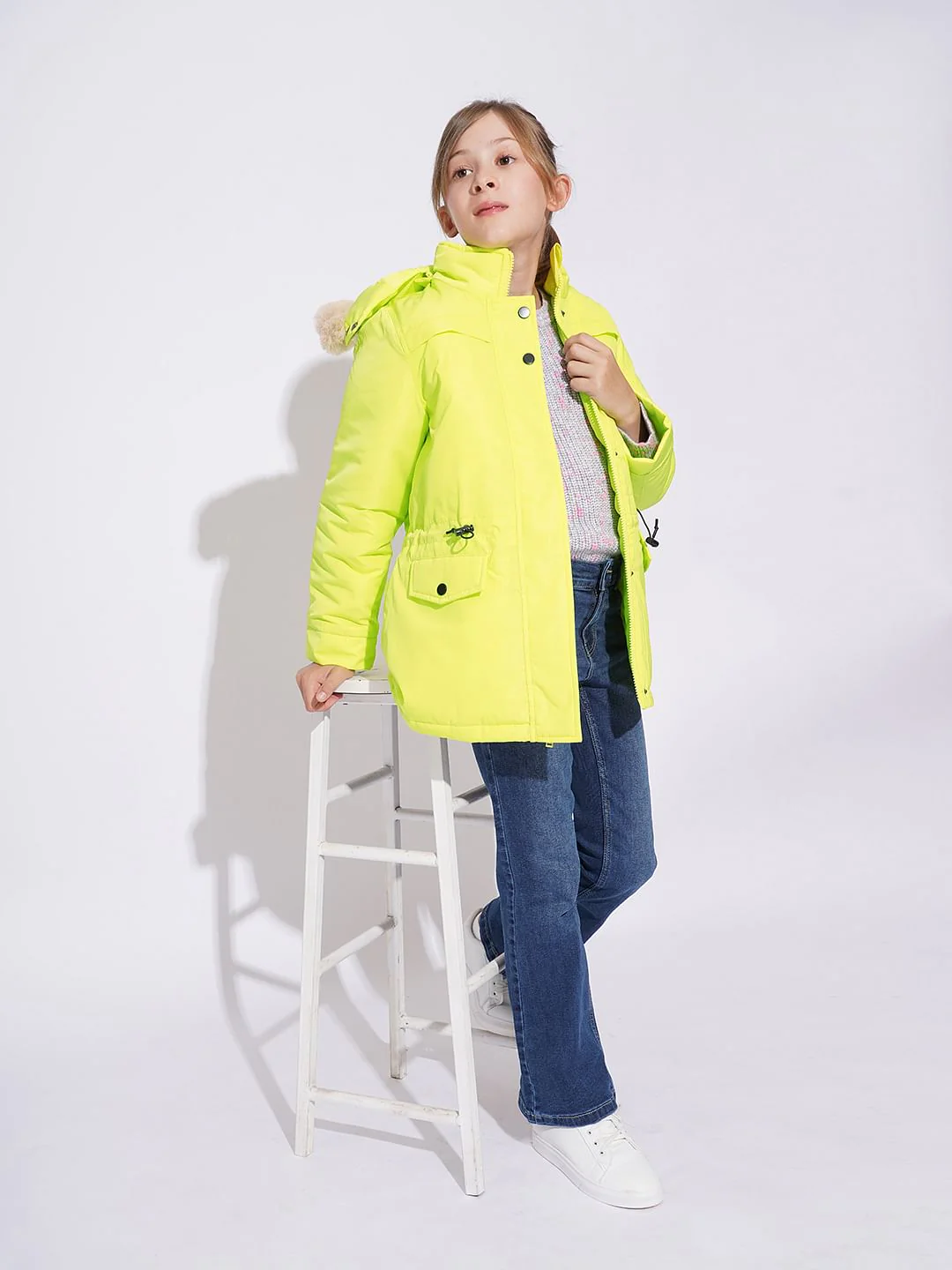Girls Yellow Fur Hooded Parka Jacket - Image 5