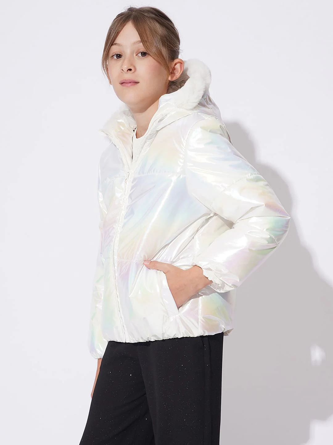 Girls White Holographic Puffer Jacket - Image 2