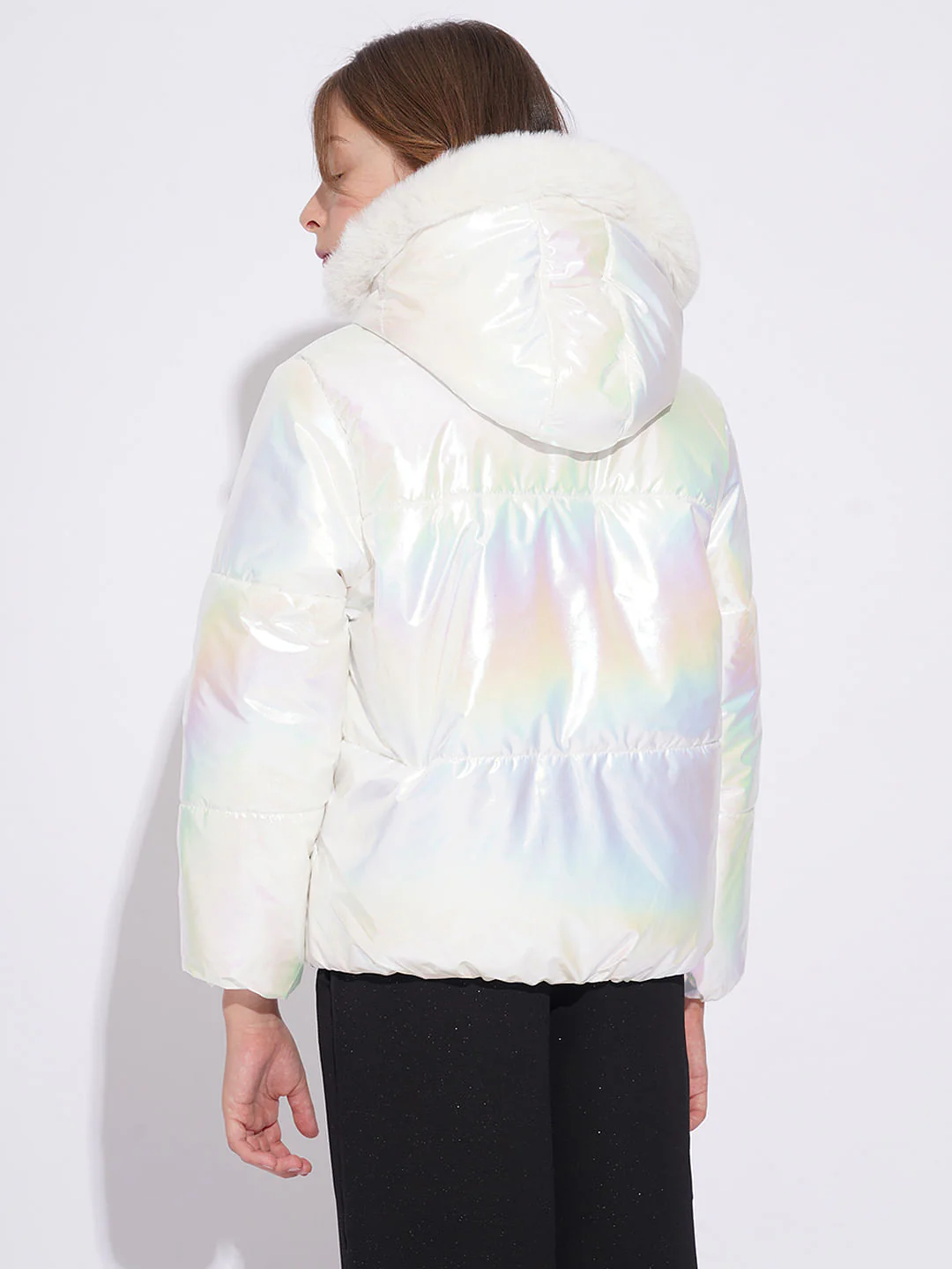Girls White Holographic Puffer Jacket - Image 3