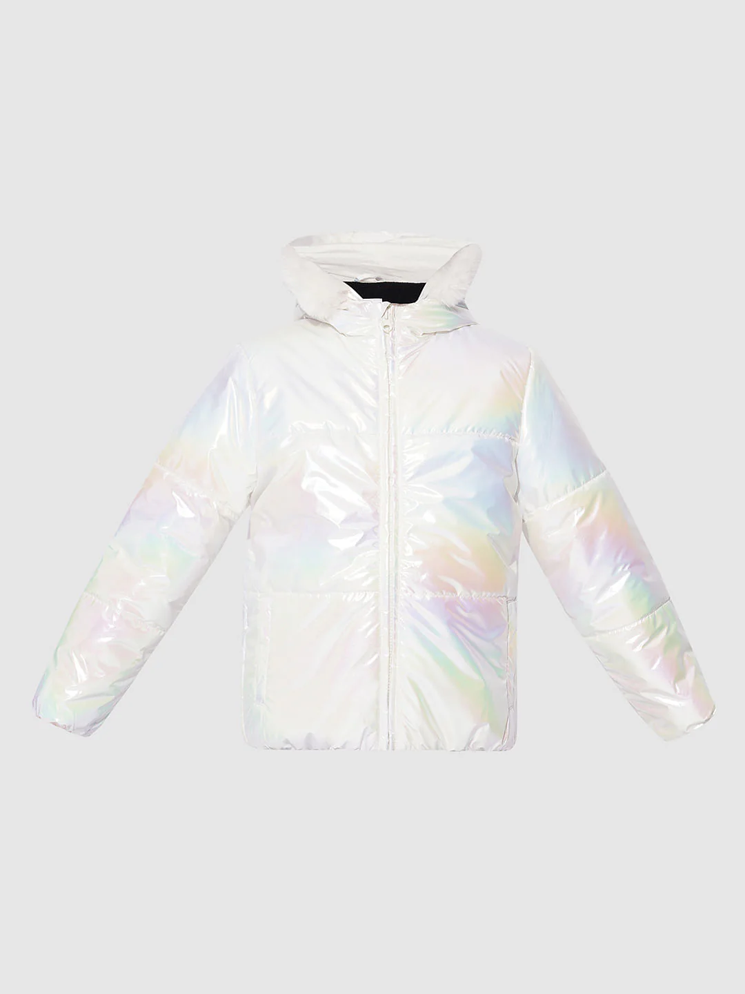 Girls White Holographic Puffer Jacket - Image 6