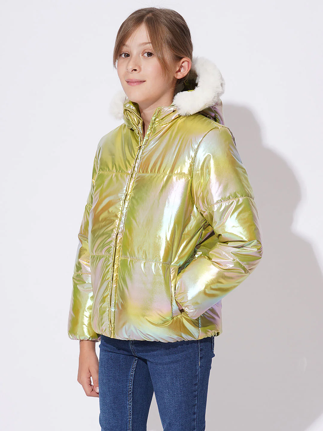 Girls Green Holographic Puffer Jacket - Image 2