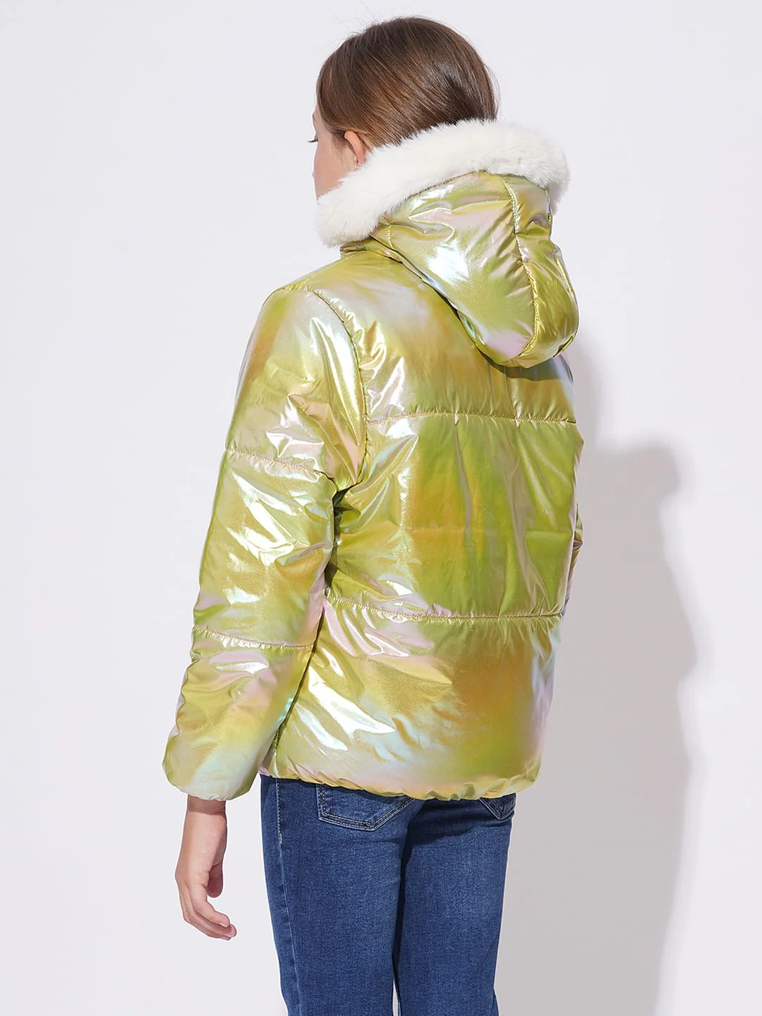 Girls Green Holographic Puffer Jacket - Image 3