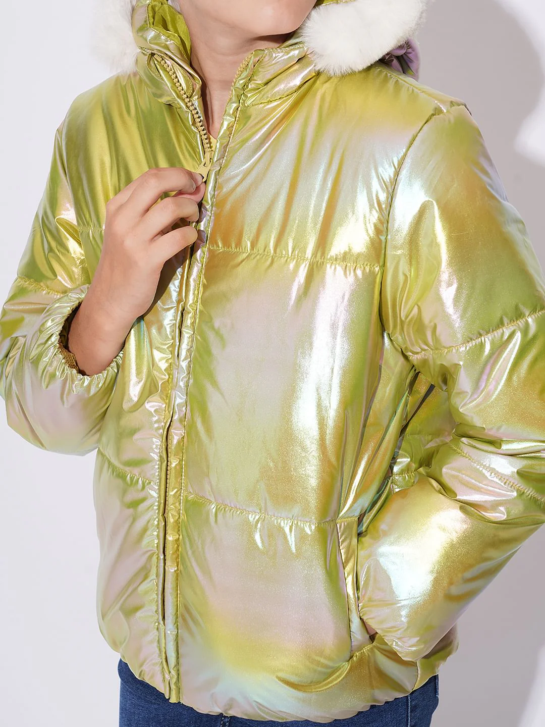 Girls Green Holographic Puffer Jacket - Image 4
