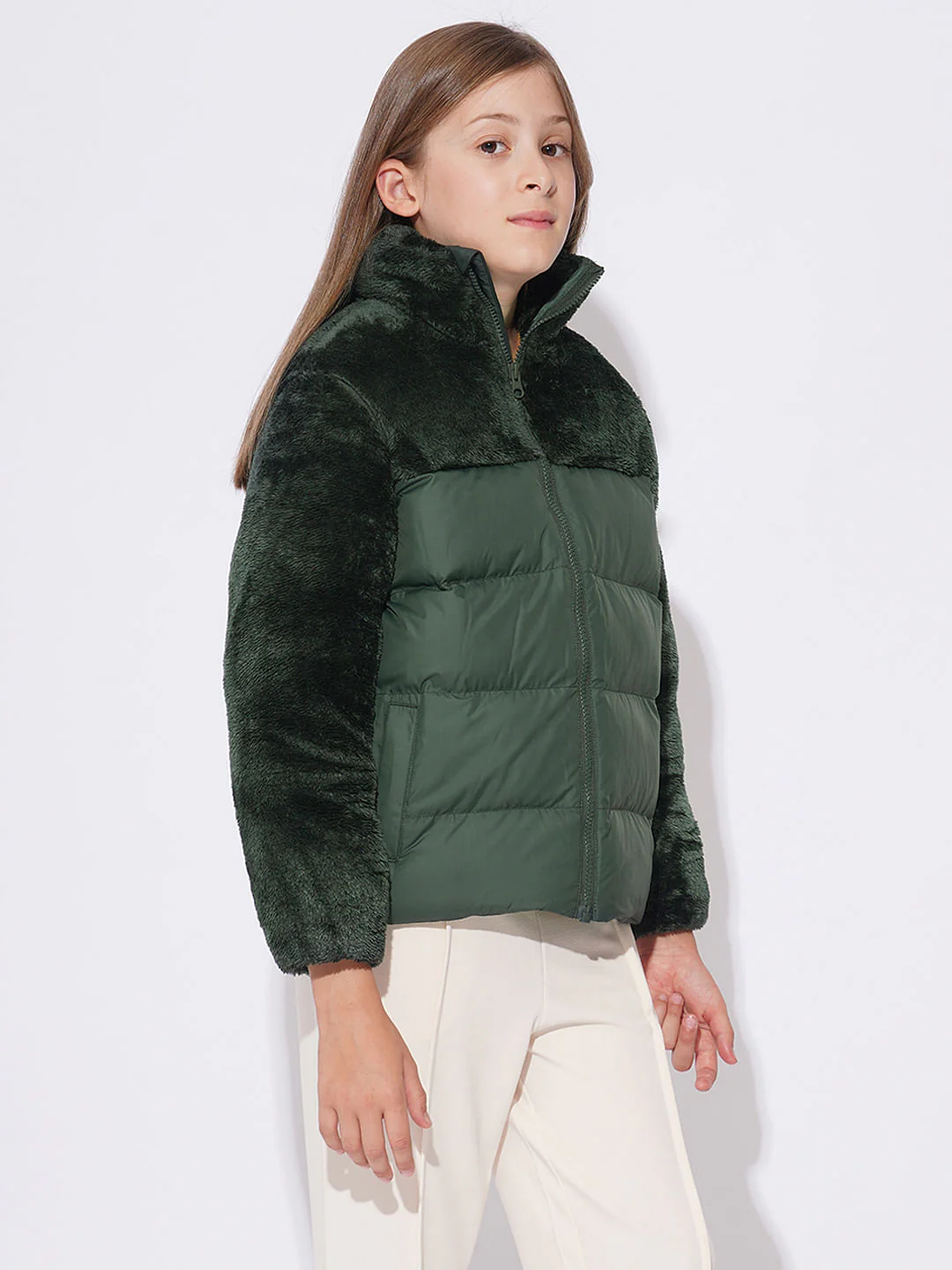 Girls Dark Green Puffer Corduroy Jacket - Image 2