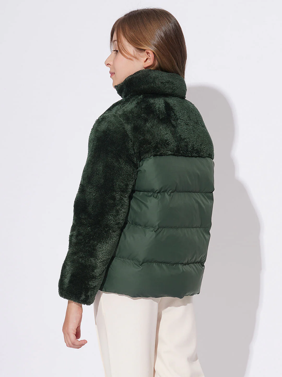 Girls Dark Green Puffer Corduroy Jacket - Image 3