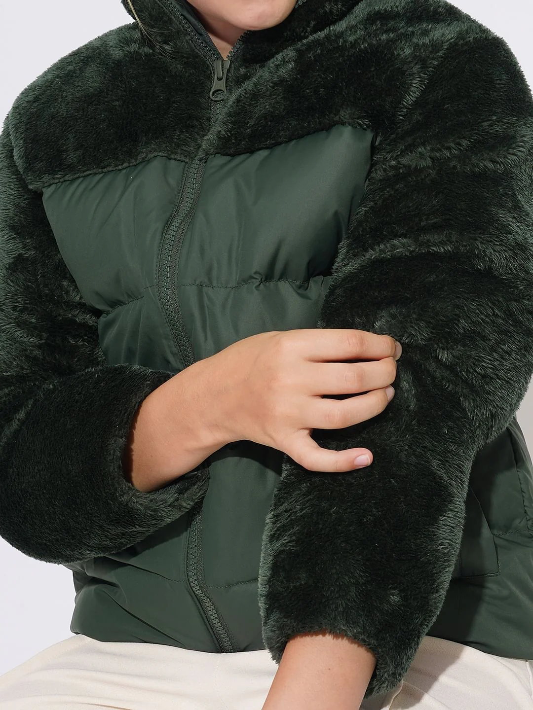 Girls Dark Green Puffer Corduroy Jacket - Image 4