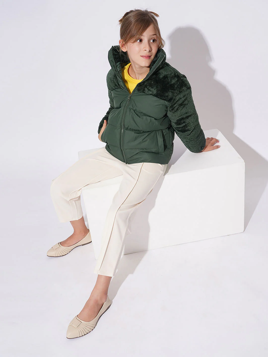 Girls Dark Green Puffer Corduroy Jacket - Image 5
