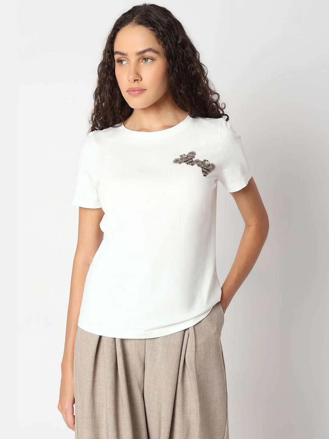 White Embellished Detail Cotton T-Shirt - Image 2