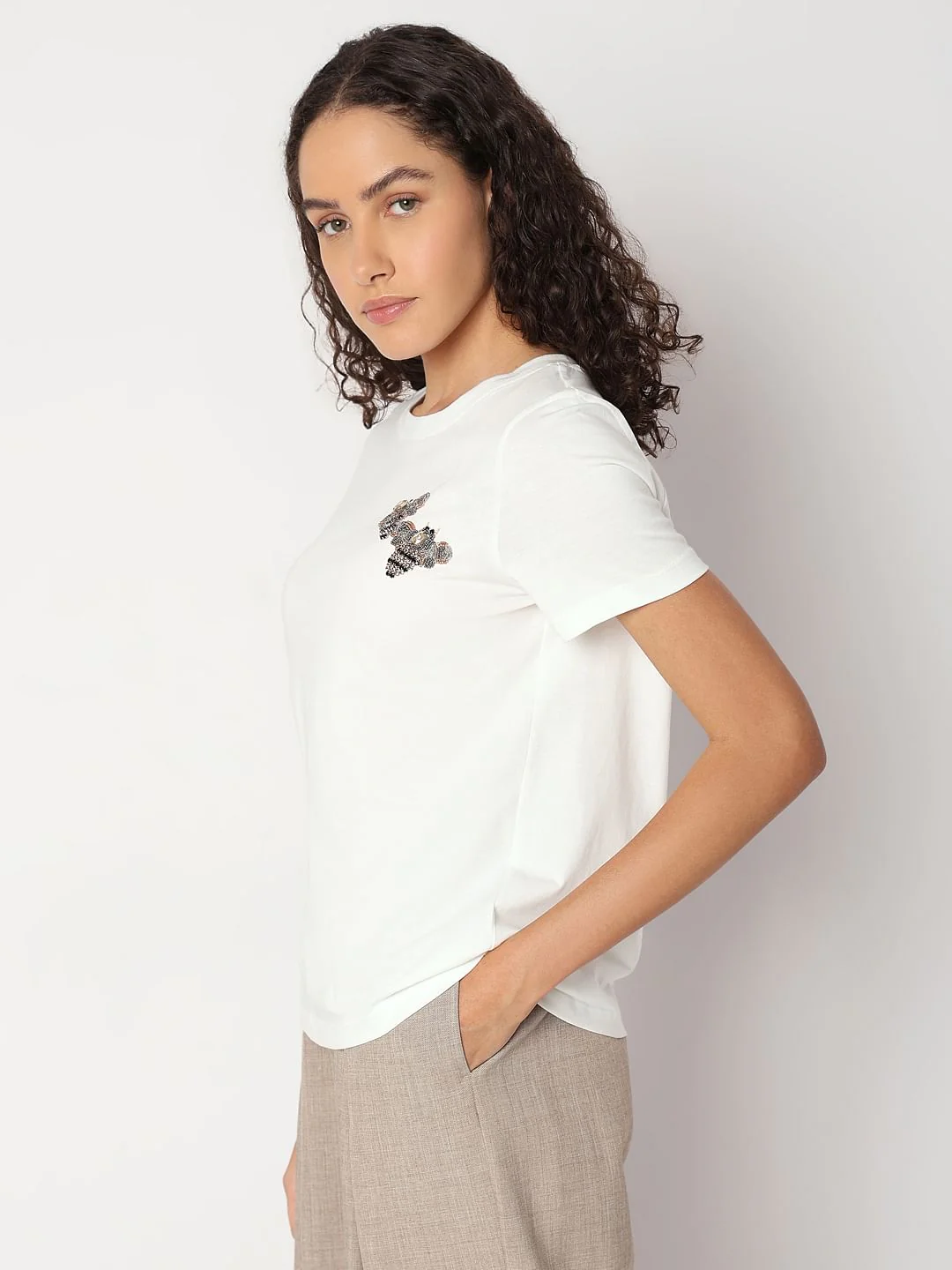 White Embellished Detail Cotton T-Shirt - Image 3