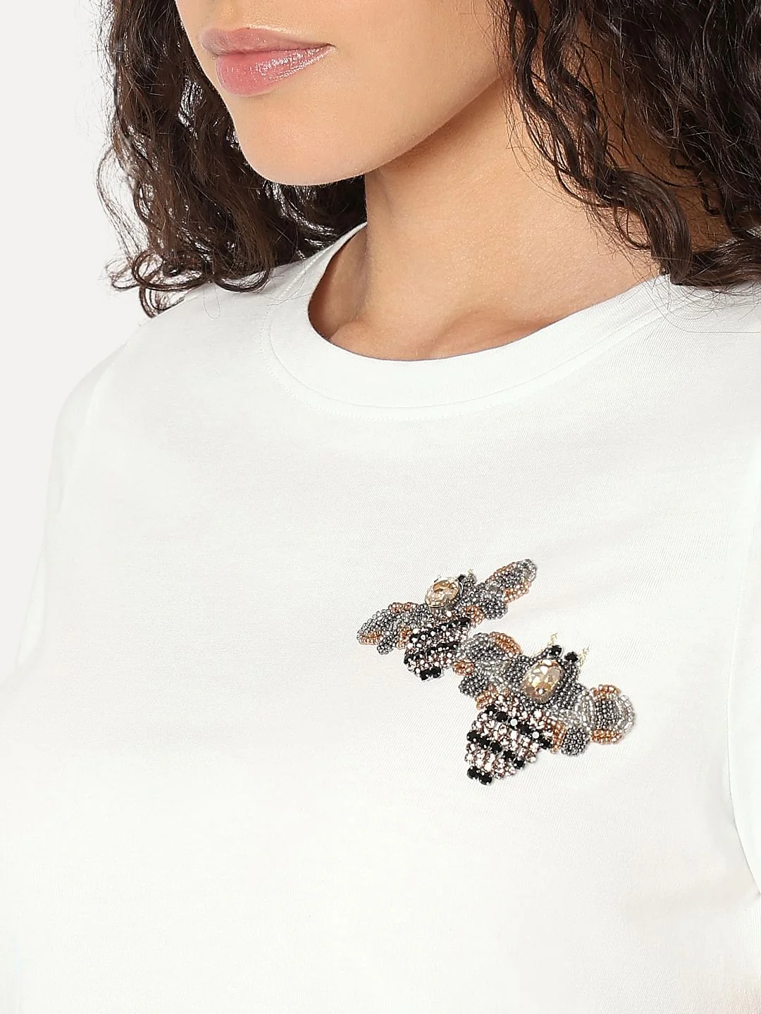 White Embellished Detail Cotton T-Shirt - Image 8