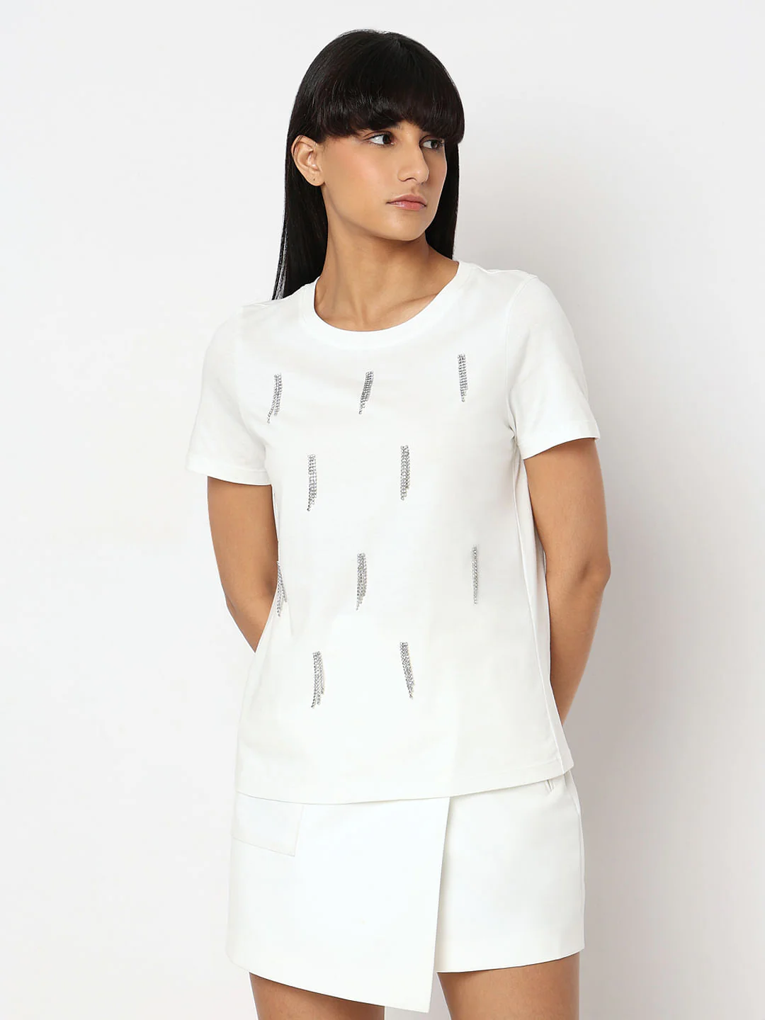 White Embellished Cotton T-Shirt - Image 2