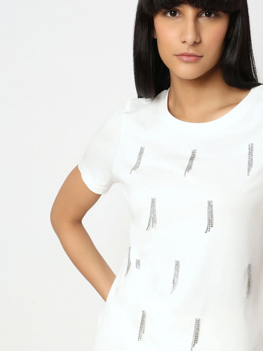 White Embellished Cotton T-Shirt - Image 6