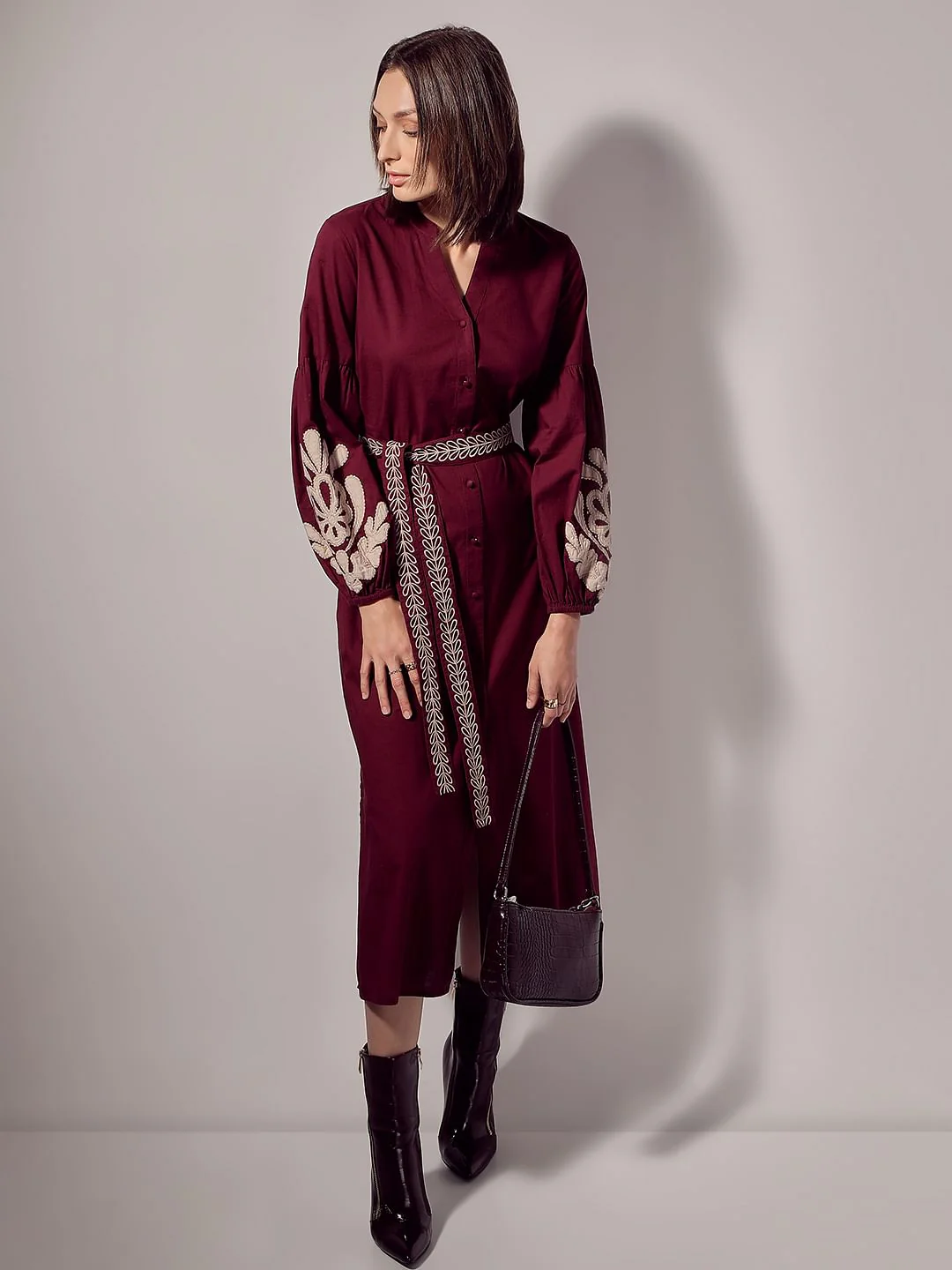Wine Embroidered Midi Dress